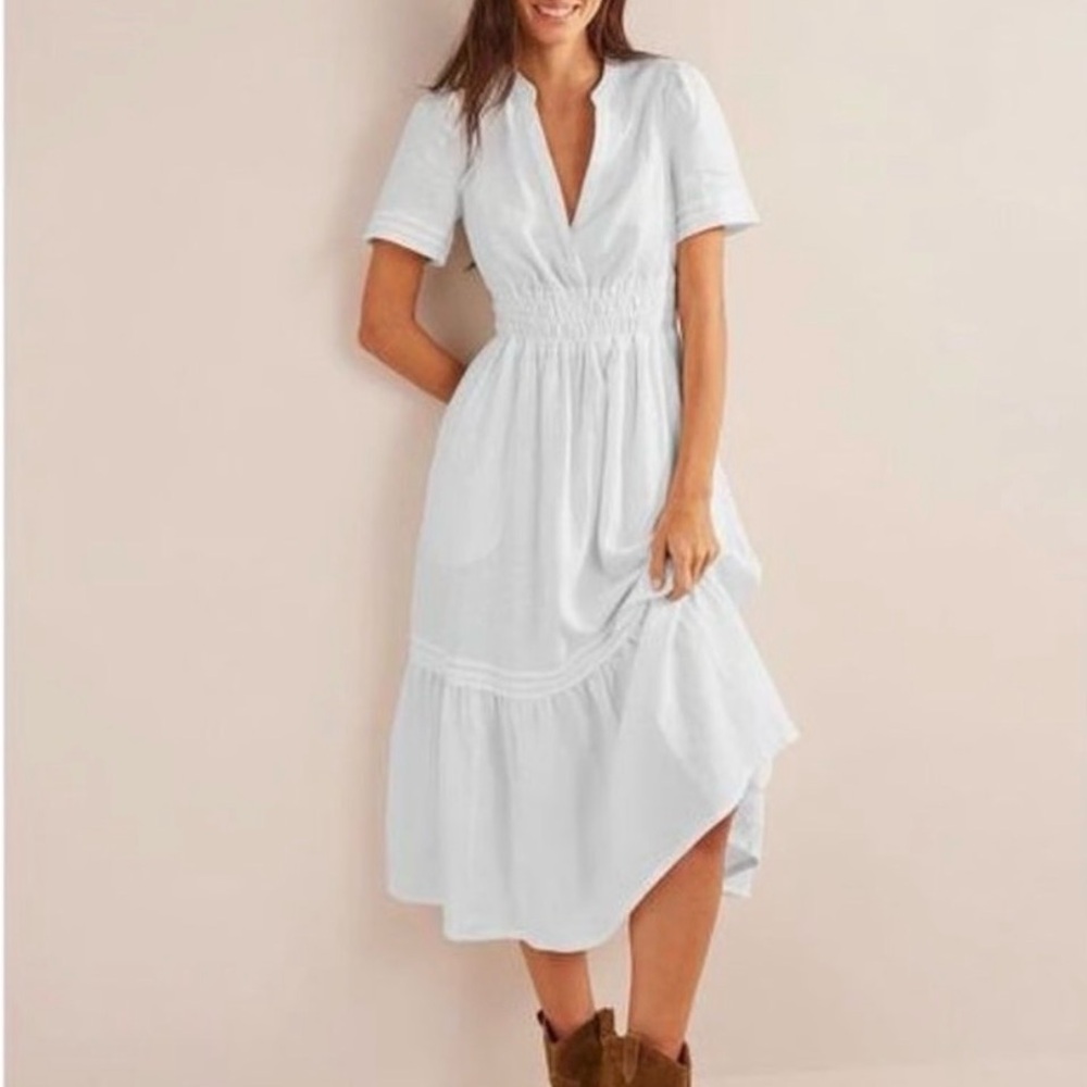 Boden Eve White 100% Linen Midi/Maxi Dress with Smocked Waist